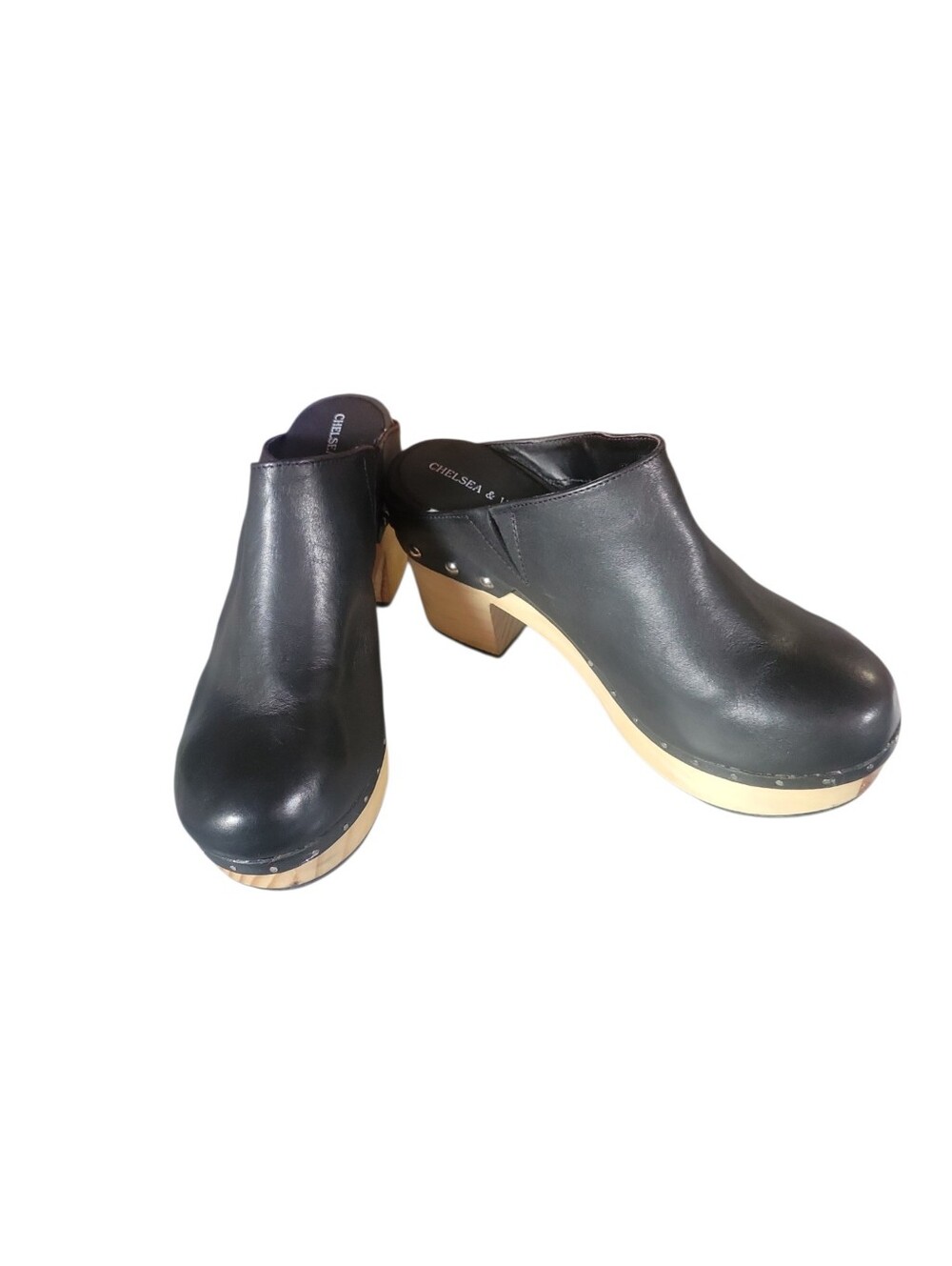 Chelsea & Violet Black Leather Clog Mules with Natural Wood Block Heel 6.5
